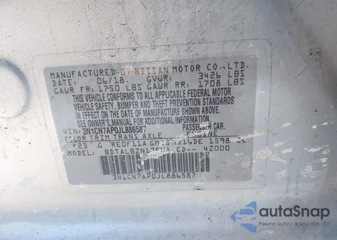 2018 Nissan Versa 1.6 Sv z USA, uszkodzony, nr VIN 3N1CN7AP0JL886587